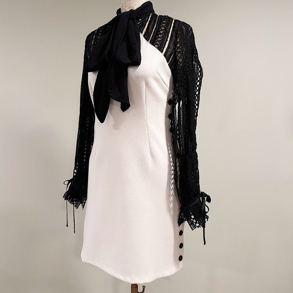 SELF-PORTRAIT Black & White Monochrome Crepe Bow Longsleeve Mini Dress Size 4 - Picture 8 of 16
